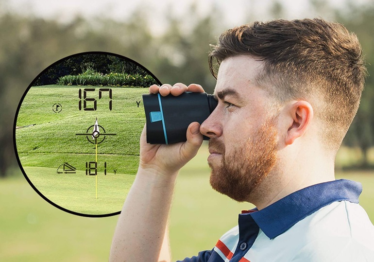 A golfer in a striped polo shirt uses a golf rangefinder, with an inset showing the digital display indicating distance measurements on the golf course.