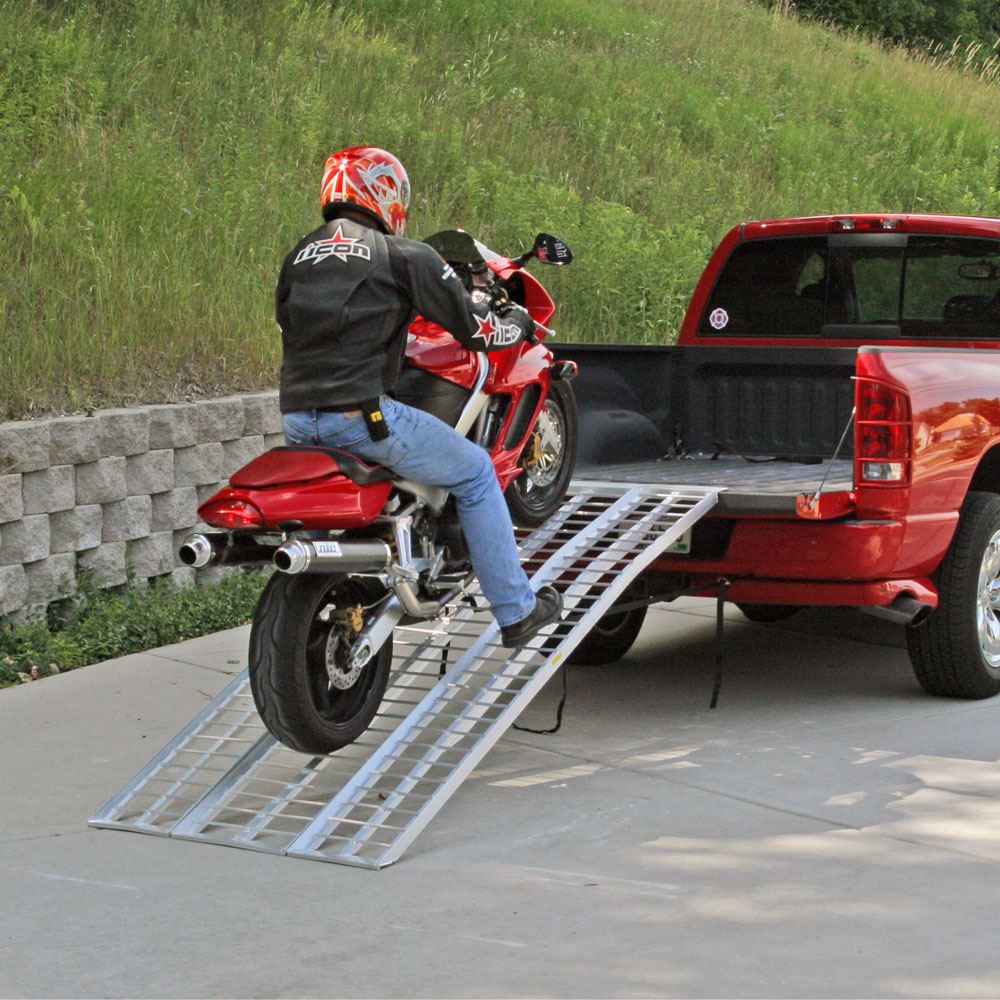 Your ramp’s width may not be a major issue if you're using it exclusively as a dirt bike ramp, but for customs, ATVs, competition drag or GP bikes with wide tyres, the width can be a big issue. A 330mm tyre would have been a rarity on a lot of bikes a decade ago, but they're a smooth-riding standard now. Trying to tightrope-walk a heavy bike up a ramp that's too narrow is as dangerous as using one that doesn’t have an adequate weight rating, so make sure the width is adequate.